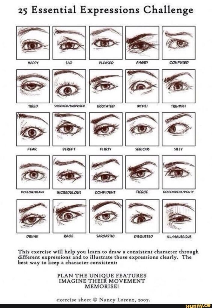 Illustration showing 25 different eye expressions titled "25 essential expressions challenge," each labeled with an emotion like happy, sad, angry, and more, intended for drawing practice.