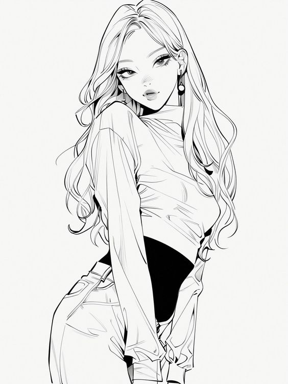 Black and white illustration of a woman with long hair wearing a fitted top and jeans, posing with one hand on her hip and looking towards the viewer.