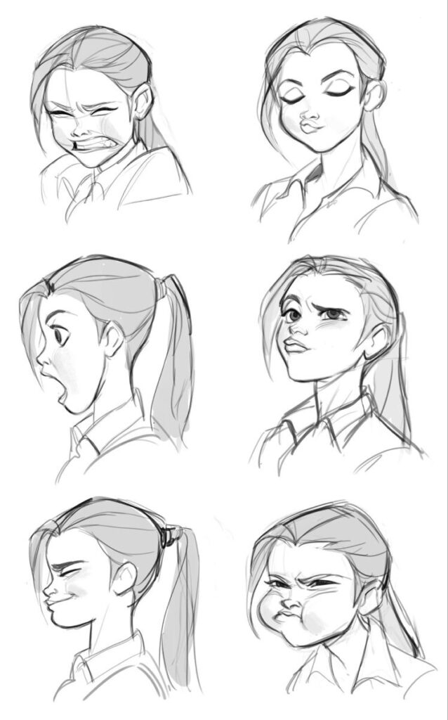Eight pencil sketches of a female character showing different expressions and angles, including smiling, serious, and angry.