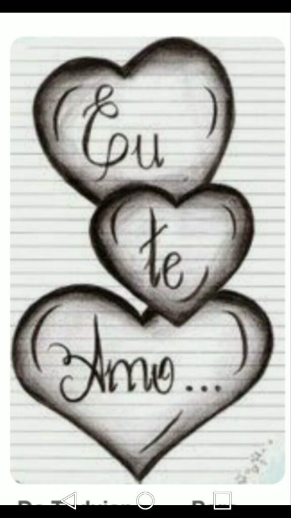Three stacked hearts drawn in black ink on lined paper, with the words "eu te amo" written inside them, meaning "i love you" in portuguese.