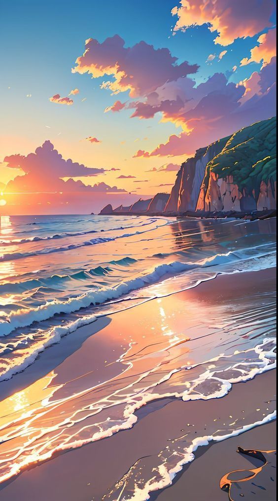A serene beach scene at sunset with gentle waves, a rocky cliff covered in greenery, and a sky filled with colorful clouds reflecting in the water.