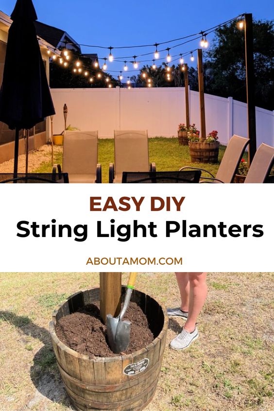 A backyard with string lights illuminating a seating area, and an image of a planter filled with soil and a shovel. Text reads "Easy DIY String Light Planters" and "aboutamom.com.