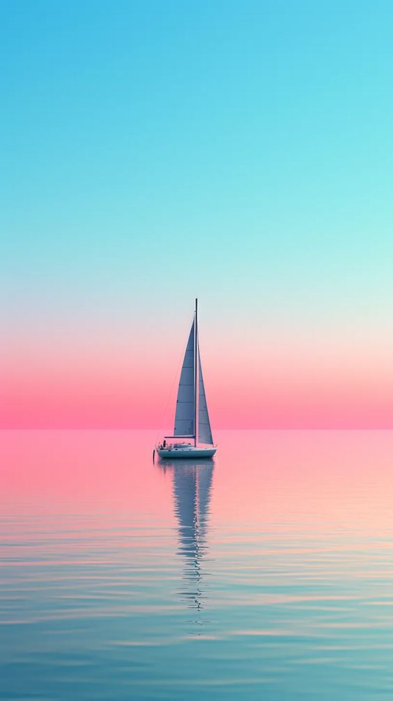 A white sailboat floats on calm water under a pastel-colored sky with pink and blue hues during sunset or sunrise.