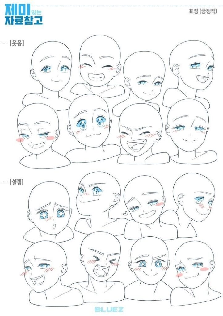 Illustration of various facial expressions on cartoon faces, showing emotions such as happiness, sadness, anger, and surprise in two categories labeled "basic" and "detail.