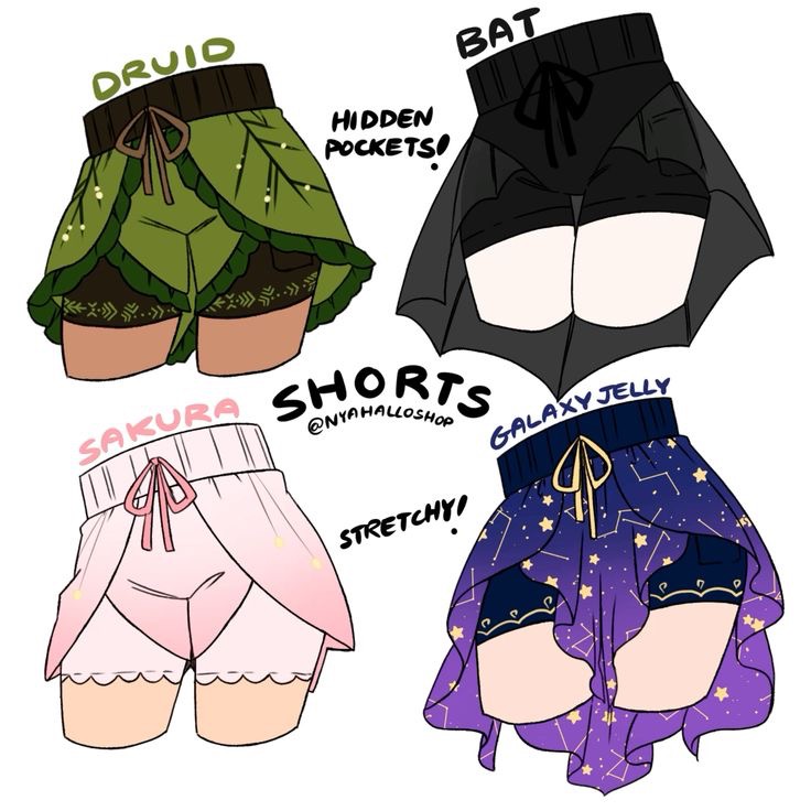 Four pairs of shorts are depicted: green "Druid" with hidden pockets, black "Bat," pink "Sakura" labeled stretchy, and purple "Galaxy Jelly" with a star pattern.