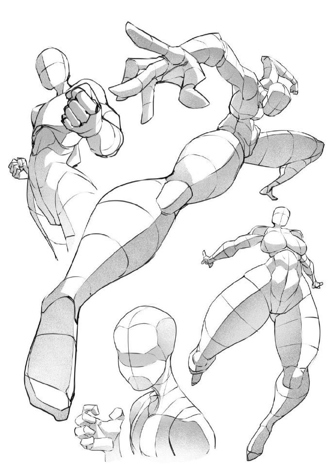 Sketched figures in dynamic action poses highlighting movement and anatomy with simplified geometric shapes.