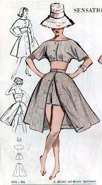 Illustration of a woman modeling a vintage two-piece outfit with a striped crop top, matching high-waisted skirt, and a sunhat. The image also shows design sketches and garment pattern pieces.