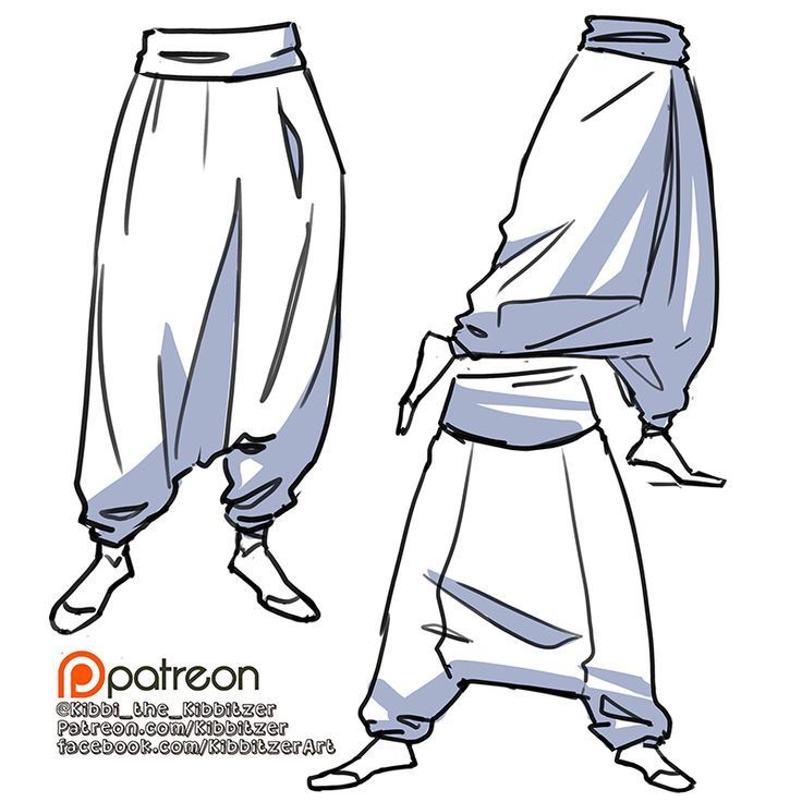 Illustration of loose-fitting, baggy pants shown from two different angles, highlighting the folds and drape of the fabric.