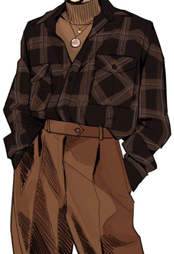 Illustration of a person in a brown plaid shirt, brown high-waisted trousers, and a gold necklace with a pendant. Only the torso and upper legs are visible.