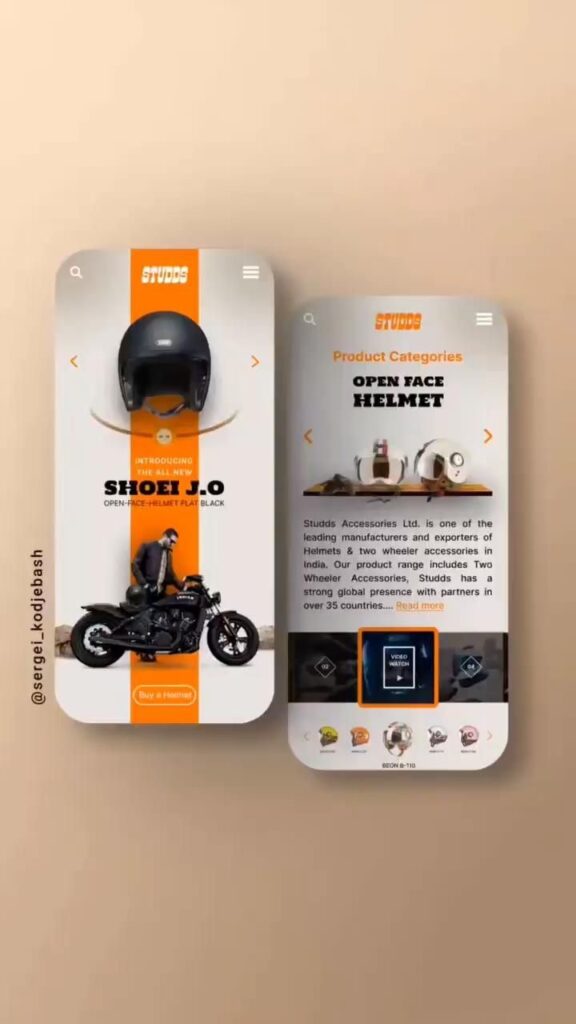 Two mobile screens show a helmet and a motorcycle. Text highlights 'Shoji O' helmet and details about 'Studds Accessories Ltd.' with product categories, logos, and international presence.