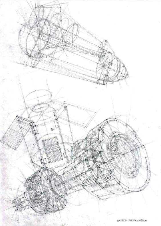 Detailed technical sketch of a satellite featuring various components, including solar panels and thrusters, drawn in grayscale with multiple perspectives and intricate line work.