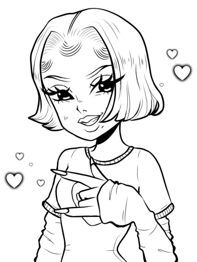 Line drawing of a stylized young woman with short hair and large eyes, wearing a sweater, surrounded by three small hearts.