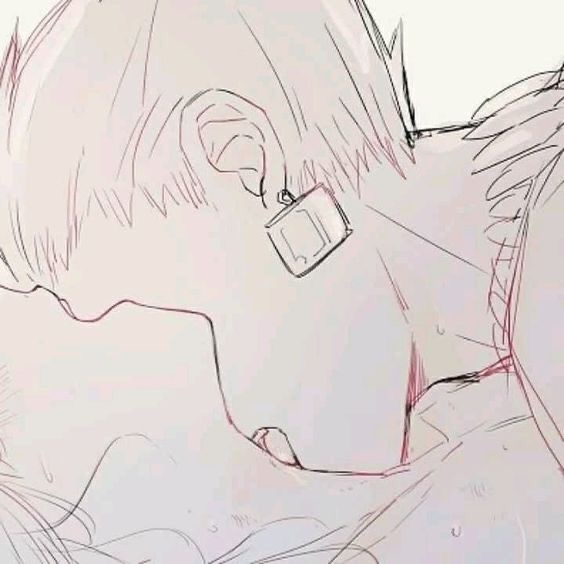 A close-up sketch of two people kissing, with one person's face partially obscured. The person visible has short hair and a square earring.