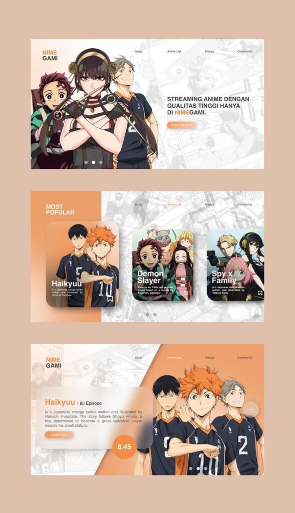 Three sections of an anime streaming app showcasing popular series including Haikyuu, Demon Slayer, and Spy x Family, with character images and episode ratings. Text includes "Streaming anime dengan kualitas tinggi hanya di NimeGami.
