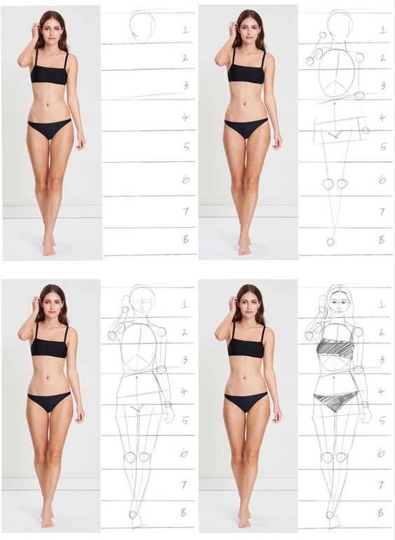 A comparative image showing a woman in black lingerie on the left and corresponding body proportions and fashion design sketches on the right.