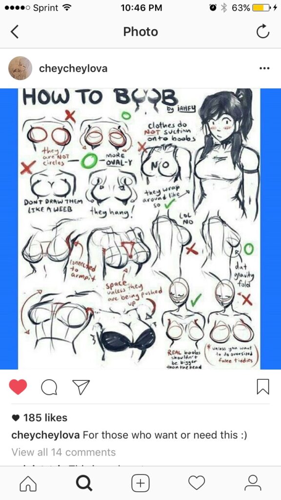 A guide on how to draw breasts, including various shapes, positions, and clothing tips. Written and illustrated information with red and green check marks indicating correct and incorrect methods.