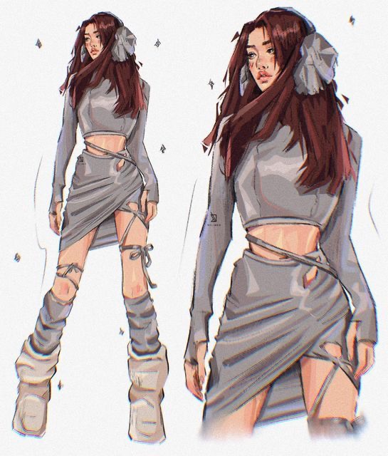 Illustration of a woman with long dark hair wearing a grey two-piece outfit, featuring a crop top and asymmetrical skirt with cut-out details. She has knee-high leg warmers and rugged boots, capturing the essence of fashion design sketches with its intricate detailing and stylish flair.
