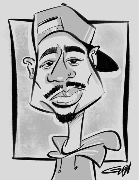 Black and white caricature drawing of a man with a cap, sporting a goatee and a mustache.