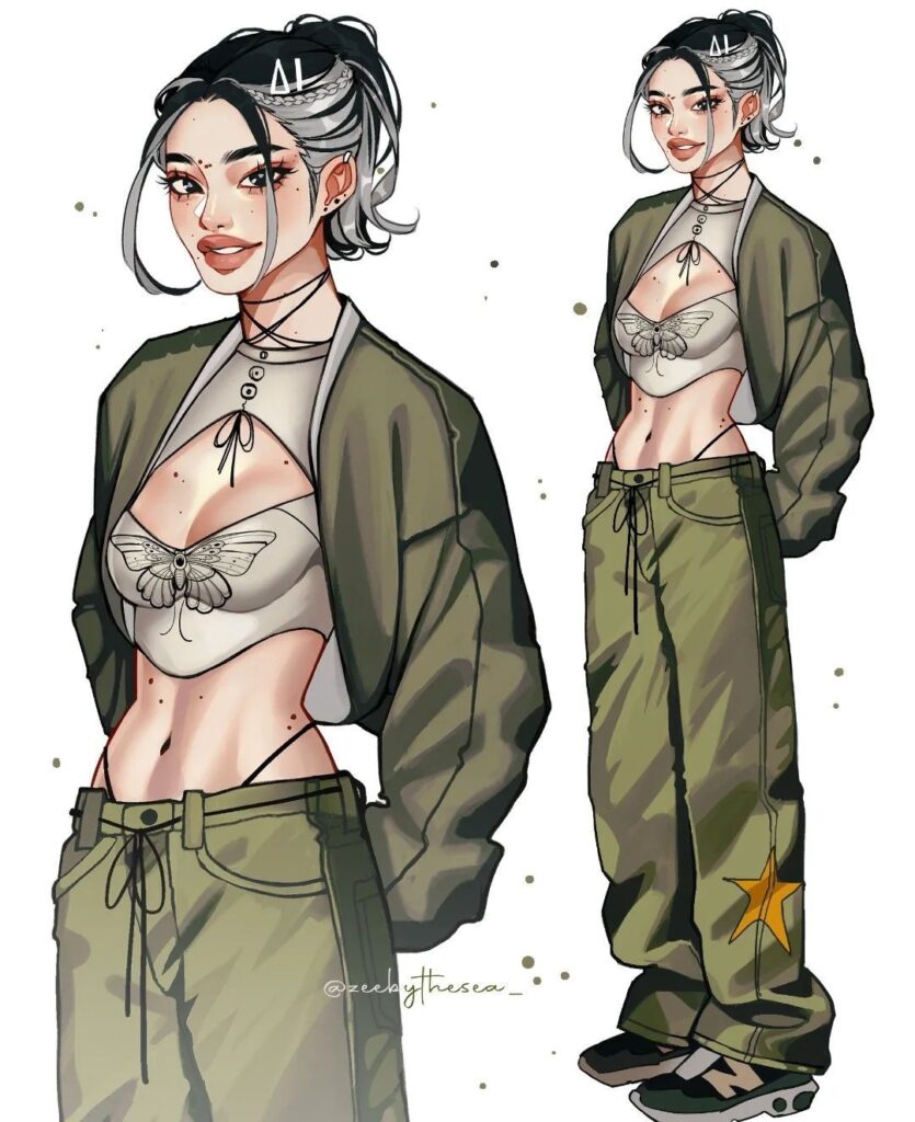 Fashion design sketches come to life in this illustration of a woman with black hair in a bun, wearing a green jacket, green wide-leg pants with a yellow star on one leg, and a beige crop top adorned with a butterfly design.