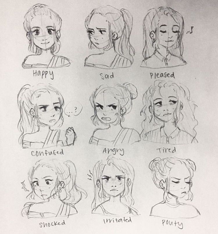 Hand-drawn sketches of a female character displaying various emotions, including happy, sad, pleased, confused, angry, tired, shocked, irritated, and pouty, each labeled accordingly.