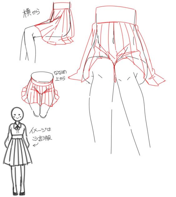 Sketches of a person wearing a skirt, showing different angles and how the skirt rests on the legs. Includes annotations in Japanese and a uniform illustration.