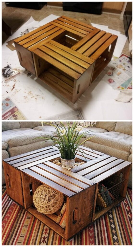Two images of a wooden coffee table made from crates: the top image shows the unfinished table, and the bottom image shows the finished table staged in a living room with decorative items.