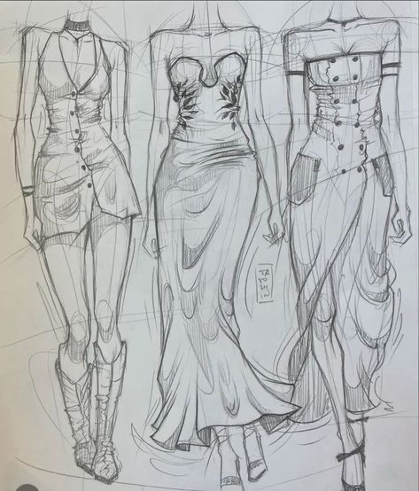 Three fashion design sketches depicting women in stylish outfits: a short vest and skirt combo, a strapless gown, and an off-shoulder dress with pocket accents, all drawn with intricate pencil lines.