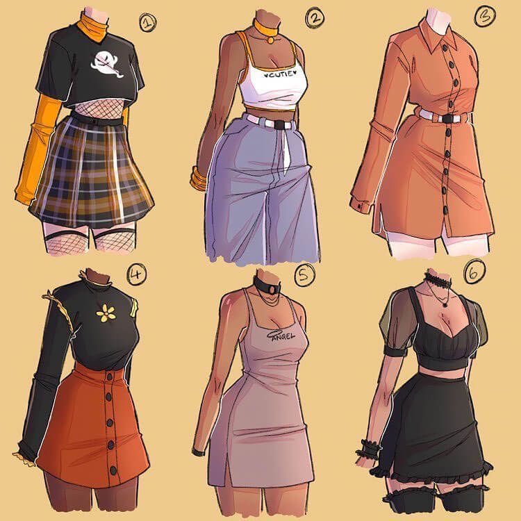 Illustration displaying six different women’s fashion outfits, ranging from casual to dressy styles, including skirts, tops, and dresses, each numbered from 1 to 6.