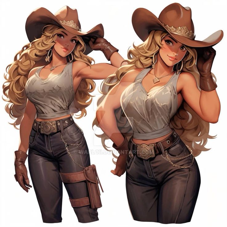 Illustration of a woman in cowboy attire. She is wearing a brown hat, brown gloves, a white tank top, black pants, and a belt with a holster. She has long, wavy blonde hair.