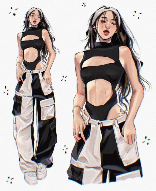An illustration of a woman with long hair wearing a black cut-out top and black-and-white pants. She is depicted in two different poses against a white background, resembling fashion design sketches.