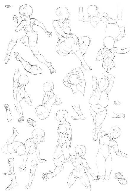 Sketches of human figures in various poses and angles, including full body, partial body, and limb details, on a blank background.