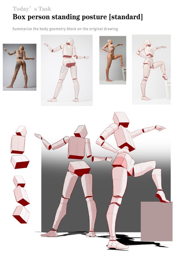 Multiple sketches and images showcase the posture of a human figure and a box person model performing various standing poses, highlighting body geometry—ideal for fashion design sketches.