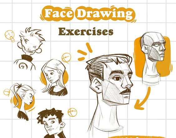 Illustration of a tutorial page titled "face drawing exercises," featuring various sketched faces and guide notes in an engaging style.