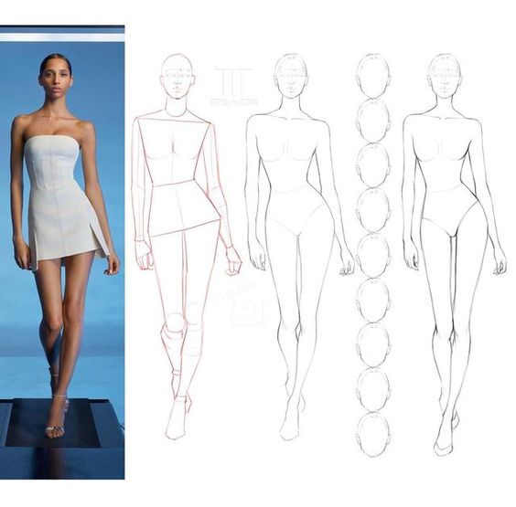 A photo of a woman in a strapless white dress on the left, with five Fashion Design Sketches of a female figure in different poses on the right.