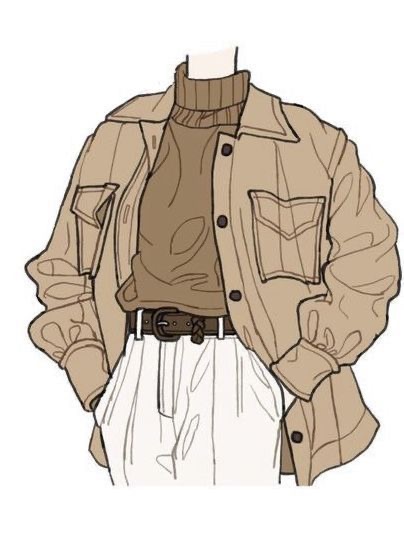 Illustration of an outfit featuring a beige button-up shirt over a brown turtleneck sweater, white high-waisted pants, and a black belt. The upper part of a person’s body is shown without a head.