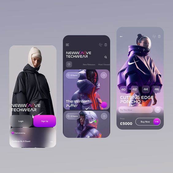 Three mobile screens display a futuristic techwear app with images of models wearing advanced outerwear, app interface elements, and pricing details in a clean, modern design.