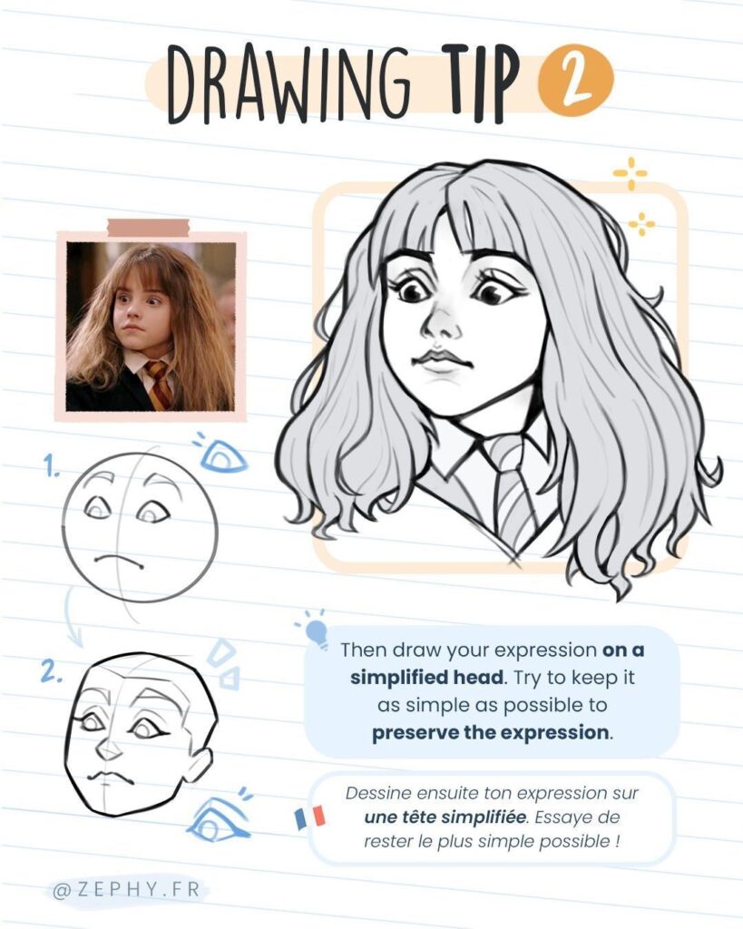 Illustrative guide showing steps to draw facial expressions, featuring a photo of a girl looking thoughtful and a sketch of a similar expression.