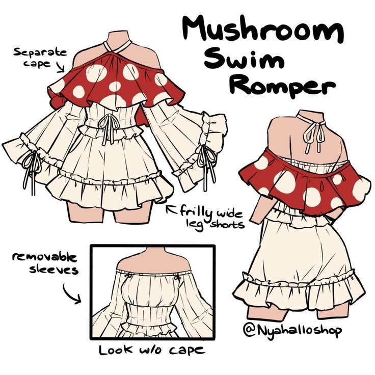 Fashion design sketches illustrate a mushroom-themed swim romper with a red and white polka dot cape, frilly wide-leg shorts, and removable sleeves. Caption notes separate cape and look without cape.