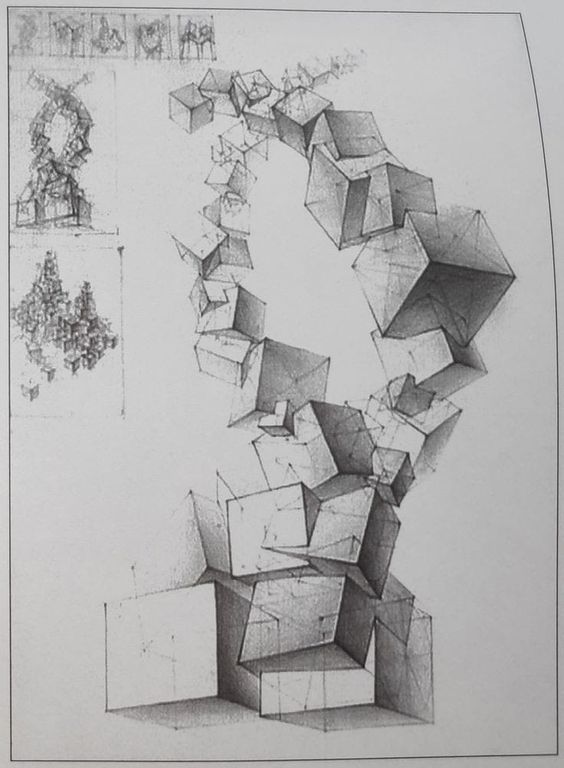 A monochromatic sketch depicting a series of interlocking, geometric cubes forming an abstract, spiral-like structure. Smaller sketches of similar forms are present in the top left corner.