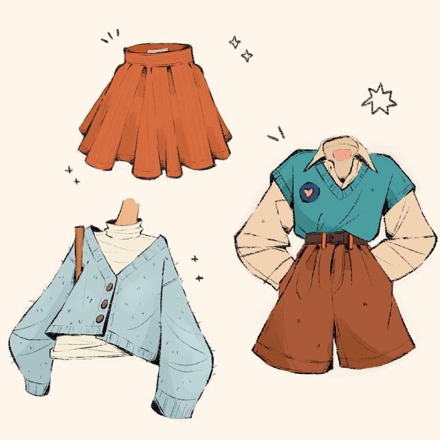 Illustration of three different vintage-inspired outfits: an orange skirt, a blue cardigan over a white turtleneck, and a teal shirt with brown high-waisted shorts.