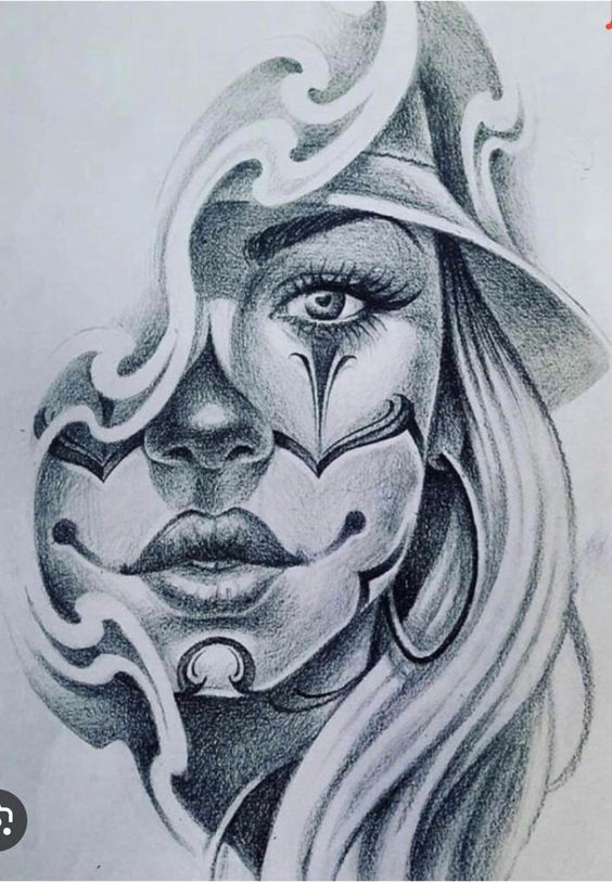 Pencil sketch of a woman's face with intricate, flowing tribal patterns partially covering her features.