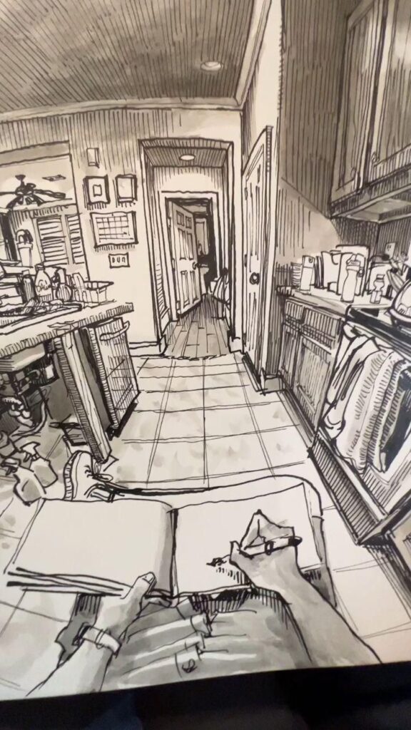A sketched view of a kitchen and hallway from the perspective of someone sitting and drawing in a notebook, with various kitchen appliances and cabinets visible.