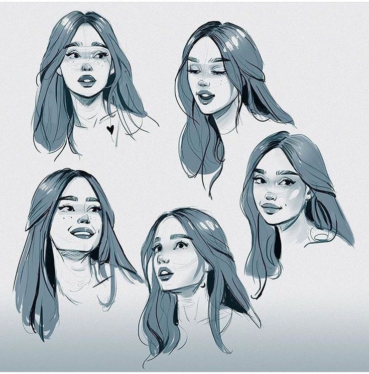 Six sketches of a woman with different expressions and angles, done in grayscale, showcasing various emotional states and poses.