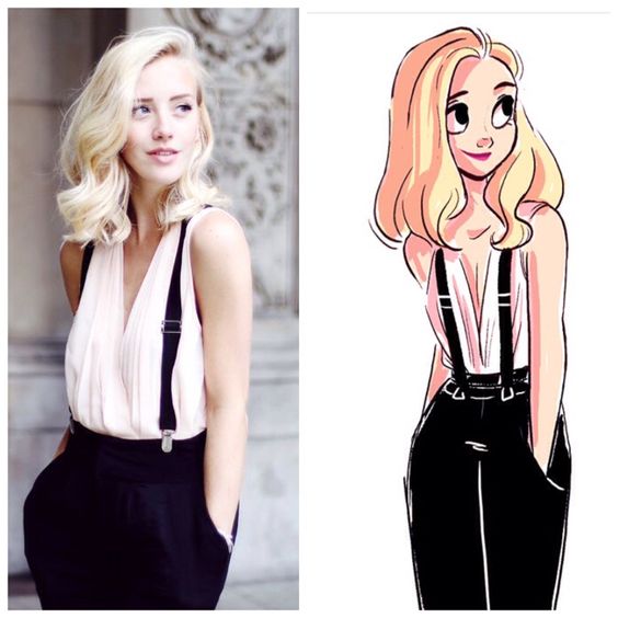 A split image showing a blonde woman in a sleeveless top on the left, and a stylized cartoon drawing of her on the right.