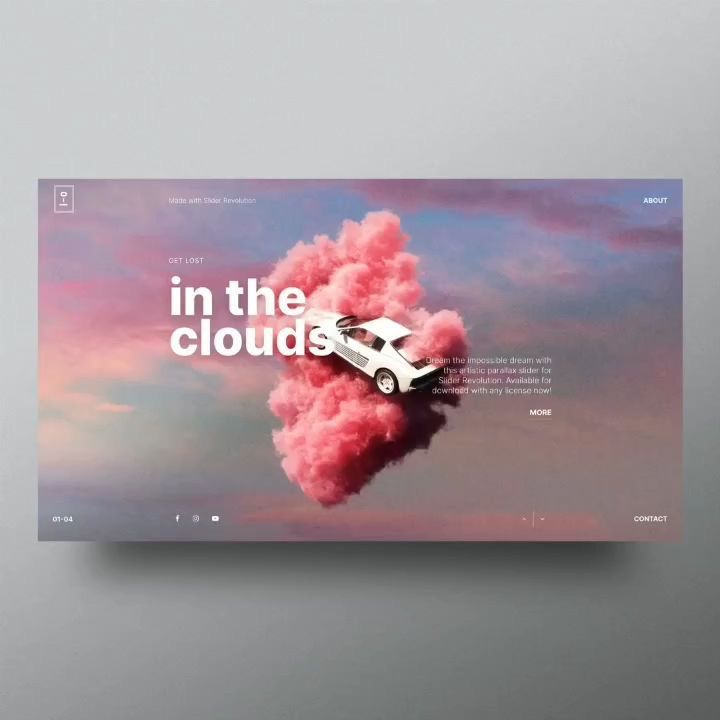 A white car appears to float in a pink cloud in this website design. The text reads "in the clouds" and offers an option to get lost. Navigation options include 'About' and 'Contact'.
