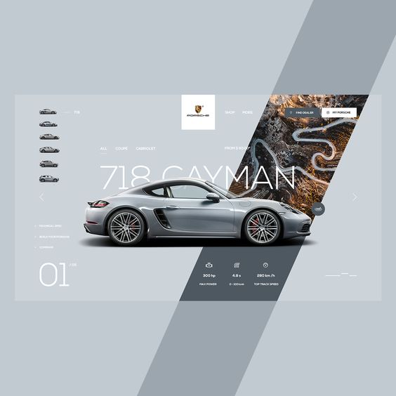 A sleek silver Porsche 718 Cayman displayed on a modern web interface with performance metrics and navigation options on a minimalistic background.