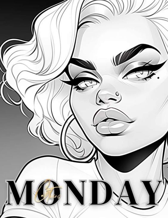 Illustration of a stylized woman with wavy hair and bold makeup, featuring the word "monday" in gold lettering at the bottom.