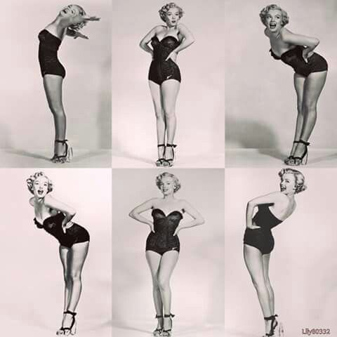 A black and white collage of six images featuring a woman in a swimsuit and high heels, posing in various stances.