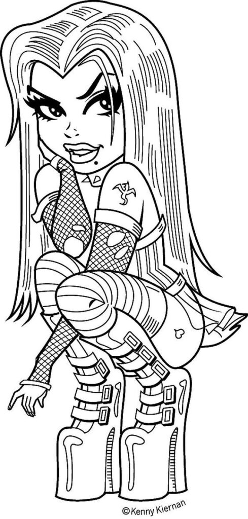 Line drawing of a stylized female character with long hair, wearing a nurse outfit and carrying large syringes, designed in a cartoonish, edgy style.