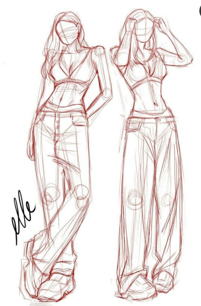 Two fashion sketches show a female figure in low-rise, wide-leg pants and a crop top. The sketches are outlined in red with minimal detailing and feature a signature.